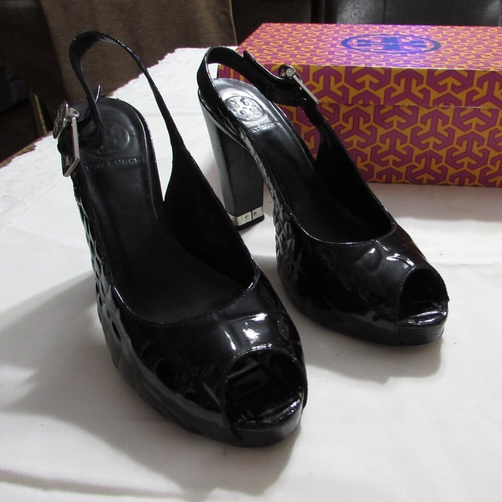 TORY BURCH Black Allison-Croc Patent Heels Size 7.5